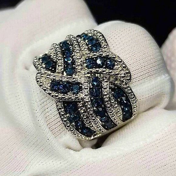 Blue Sapphire Zircon Marquise Wide Band Ring - Picture 6 of 6